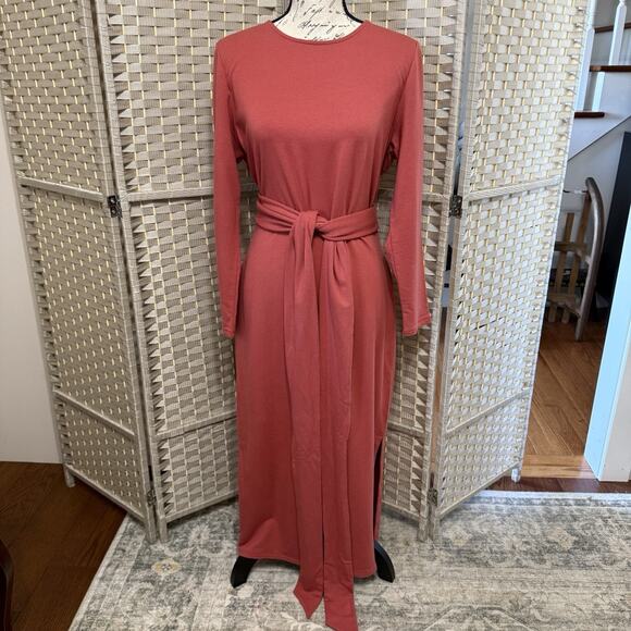 Pure Jill Tie Waist Maxi Dress L Petite Rust Affinity French Terry Side Slit NEW - Picture 4 of 12